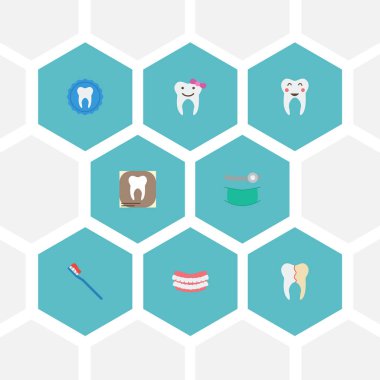 Düz simgeler hijyen, Radyoloji, diş mühür ve diğer vektör öğeleri. Aynı zamanda diş fırçası, sağlık, sağlık nesneleri içeren küme diş düz simgeleri simgeleri.