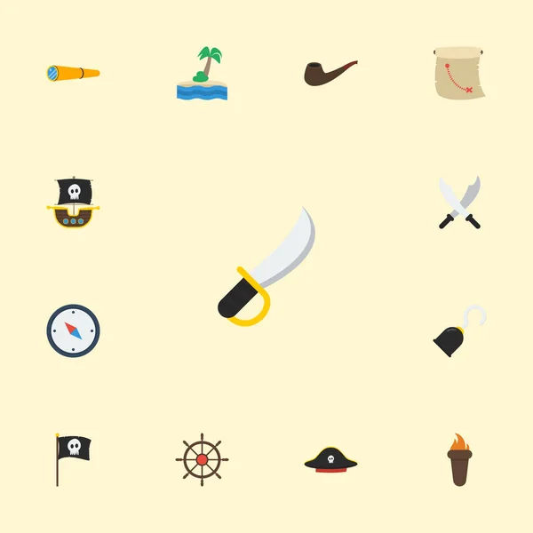 Lapos ikonok hajó kormánykerék, kalóz kalap, dohány és egyéb vektoros elemek. Kalóz ikonok lapos szimbólumok is tartalmaz cső, megjelenítése, eszköz objektumok. — Stock Vector
