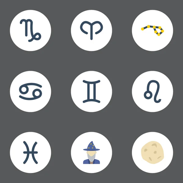 Плоский іконки Коза, Краб, Близнюки та інших елементів векторного. Набір астрологія плоских іконки символи також включає в себе гороскоп, Лев, Близнюки об'єктів. — стоковий вектор
