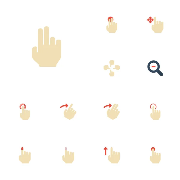 Icônes plates sensorielles, Nudge, Hold et autres éléments vectoriels. Ensemble de symboles d'icônes plates de gesticulation comprend également une loupe, un zoom, des objets de robinet . — Image vectorielle