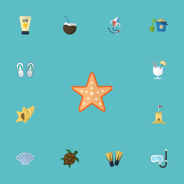 Flat Icons Cocos, Conch, Castelo e outros elementos vetoriais. Conjunto de símbolos de ícones planos de praia também inclui castelo, concha, objetos de mergulho . —  Vetores de Stock