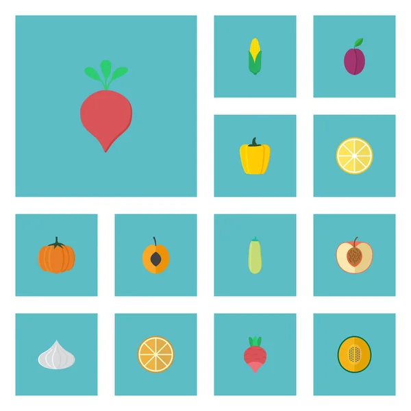 Плоский іконки персика, гарбуз, болгарський Белл і інших елементів векторного. Набір фрукти плоских іконки символи також включає в себе кукурудзи, кабачки, буряк об'єктів. — стоковий вектор