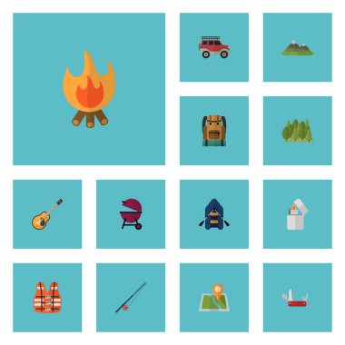 Düz simgeler çantası, yangın, Sigara ve diğer vektör öğeleri. Kamp düz simgeler simge kümesi de Suv, Hill, Van nesneleri içerir.