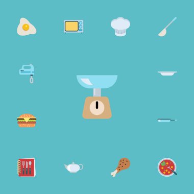 Düz simgeler Blender, defter, mutfak ölçüm ve diğer vektör öğeleri pişirme. Mutfak düz simgeler simge kümesi de tavuk, Şef, ağırlık nesneleri içerir.