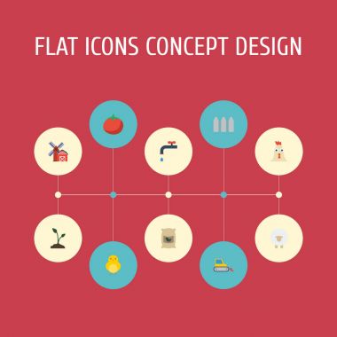 Düz simgeler çuval, peyzaj, musluk vektör öğeleri. Tarım düz simgeler simge kümesi de çuval, ekmek, sulama nesneleri içerir.