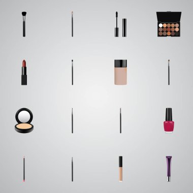 Gerçekçi gün Creme, fırça, çok renkli palet ve diğer vektör öğeleri. Yağlıboya gerçekçi simgeler kümesi de içerir Püskül, kirpik, göz farı nesneleri.