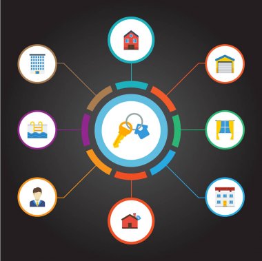 Düz simgeler Hypothec, depo, ev ve diğer vektör öğeleri. Realestate düz simgeler simge kümesi de gökdelen, adam, ev nesneleri içerir.