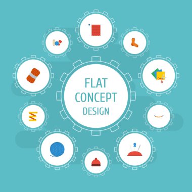 Düz simgeler iplik, Dükkanı, örme çorap ve diğer vektör öğeleri. El yapımı düz simgeler simge kümesi de içerir renkli, iğne, kolye nesneleri.