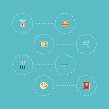 Düz simgeler elektrikli soba, lokanta, mutfak ölçüm ve diğer vektör öğeleri. Gastronomi düz simgeler simge kümesi de hızlı, tava, ölçüm nesneleri içerir.