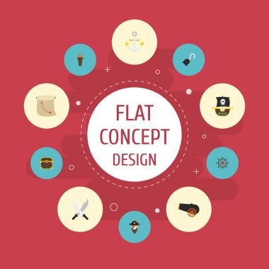 Düz simgeler alev, armatür, gemi ve diğer vektör öğeleri. Corsair düz simgeler simge kümesi de kanca, gemi, hazine nesneleri içerir.