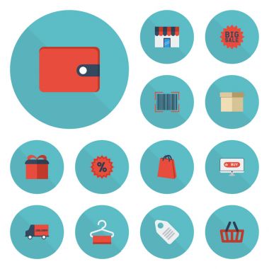 Düz simgeler çanta, Case, elbise vektör öğeleri hazır. Dergi düz simgeler simge kümesi de Stand, cüzdan, kod nesneleri içerir.