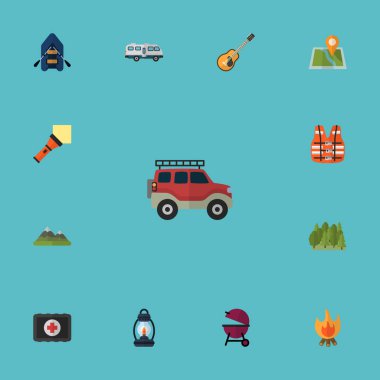 Düz simgeler yumruk yardım, konumu, yangın ve diğer vektör öğeleri. Kamp düz simgeler simge kümesi de içerir Pin, hayat, Barbekü nesneleri.