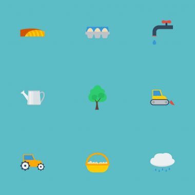 Düz simgeler konteyner, musluk, çiftlik aracı ve diğer vektör öğeleri. Ayrıca sulama, ağaç, araç nesneleri içeren küme hasat düz simgeleri simgeleri.