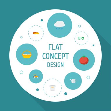 Düz simgeler ekoloji, çiftlik aracı, Bauer ve diğer vektör öğeleri. Tarım düz simgeler simge kümesi de ekoloji, ketçap, yumurta nesneleri içerir.