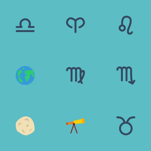 Flache Symbole Tierkreiszeichen, Stier, Komet und andere Vektorelemente. Satz von flachen Symbolen Symbole enthält auch Jungfrau, Meteor, jungfräuliche Objekte. — Stockvektor