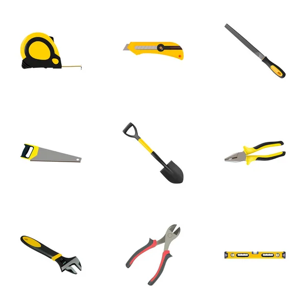 Llave realista, motosierra, fórceps y otros elementos vectoriales. Conjunto de instrumentos Símbolos realistas también incluye construcción, sierra, objetos de instrumentos . — Vector de stock