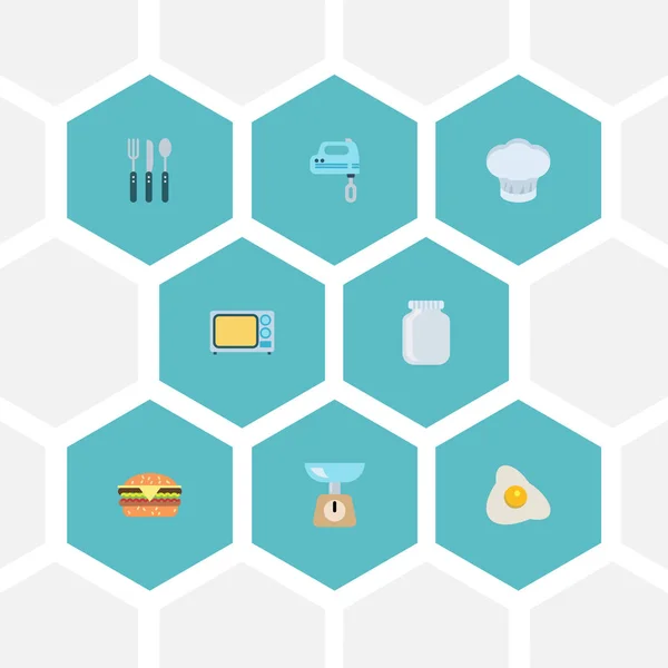 Lapos ikonok omlett, üvegedénybe, elektromos tűzhellyel és más vektorgrafikus elemek. Élelmiszer lapos ikonok szimbólumok is tartalmaz Burger, szakács, konyhai tárgyakat. — Stock Vector