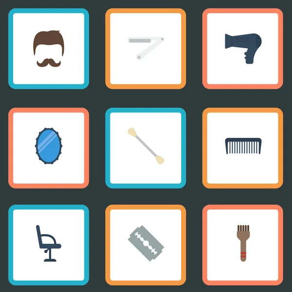 Flat Icons Bristle, Moustache, Cotton Buds and Other Vector Elements. Набор символов магазина плоские иконки также включает в себя стекло, лезвие, светоотражающие предметы . — стоковый вектор