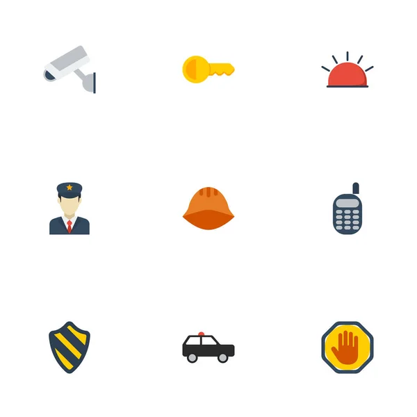 Lapos ikonok pajzs, Walkie-Talkie, páncélos autó és a többi vektor elemek. Biztonsági lapos ikonok szimbólumok is tartalmaz ajtó, tiltott tárgyak sisak. — Stock Vector