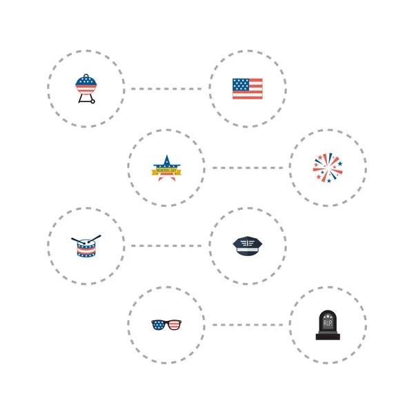 Flat Icons Memorial Day, churrasco, espetáculos e outros elementos vetoriais. Conjunto de símbolos de ícones planos de história também inclui americanos, bateria, objetos de óculos . —  Vetores de Stock