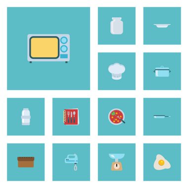 Düz simgeler tava, et suyu, Chef şapka ve diğer vektör öğeleri. Gastronomi düz simgeler simge kümesi de içerir tava, nesneleri ekmek.