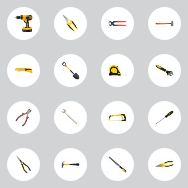 Gerçekçi kol-testere, uzunluğu rulet, ileti örneği bıçak ve diğer vektör öğeleri. Aletleri gerçekçi simgeler kümesi de kesici, makas, bant nesneleri içerir.