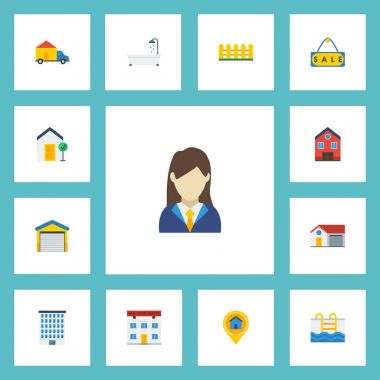 Düz simgeler özelliği, ahşap bariyer, kadın emlakçı ve diğer vektör öğeleri. Realestate düz simgeler simge kümesi de Broker, kamyon, Satılık nesneleri içerir.