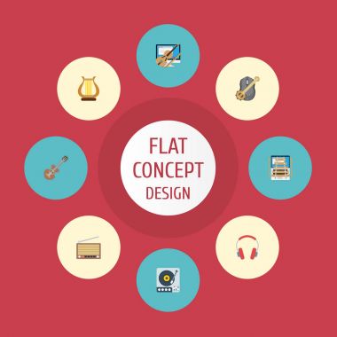 Düz simgeler radyo, pikap, akustik ve diğer vektör öğeleri. Ayrıca keman, vinil, Fm nesneleri içeren küme ses düz simgeleri simgeleri.