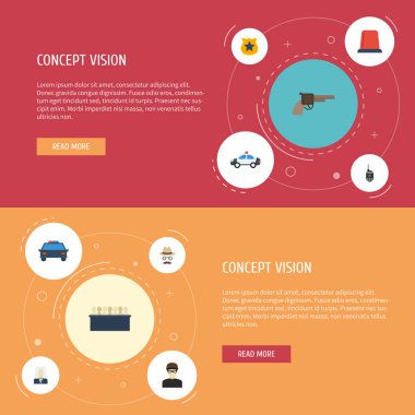 Düz simgeler tabanca, jüri, memur amblem ve diğer vektör öğeleri. Suç düz simgeler simge kümesi de avukat, hırsız, polis nesneleri içerir.