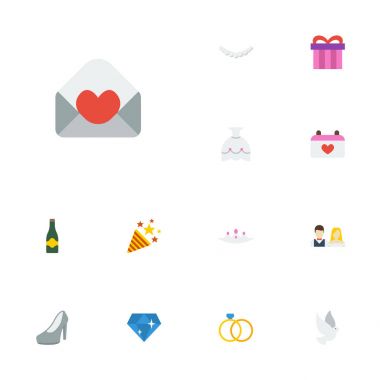 Düz simgeler Fizz, maytap, kartı ve diğer vektör öğeleri. Töreni düz simgeler simge kümesi de elmas, kolye, Crown nesneleri içerir.