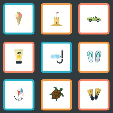 Düz simgeler Castle, Aqualung, Anti-güneş kremi ve diğer vektör öğeleri. Düz simgeleri simgeleri de Flip, terlik, kum nesneleri içerir Sezon dizi.