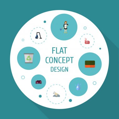 Düz simgeler Çöp konteyner, kanepe, havlu ve diğer vektör öğeleri. Ayrıca sünger, Aqua, süpürmek nesneleri içeren küme hijyen düz simgeleri simgeleri.