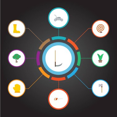 Düz simgeler balta, lastik çizme, demir testeresi ve diğer vektör öğeleri. Ayrıca üretici, ağaç, meyve nesneleri içeren küme tarım düz simgeleri simgeleri.