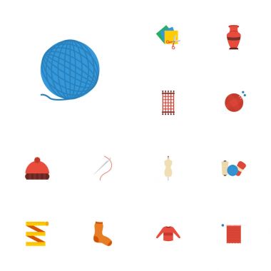 Düz simgeler Skein, metre, kukla ve diğer vektör öğeleri. Ayrıca manken, iğne işi, makrome nesneleri içeren küme el sanatları düz simgeleri simgeleri.