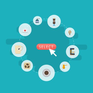 Düz simgeler Kahve değirmeni, Mocha, Espresso makinesi ve diğer vektör öğeleri. İçki düz simgeler simge kümesi de içerir paket, kahve makinesi, Türk nesneleri.