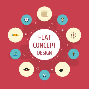 Düz simgeler teleskop, korsan şapkasını, yönünü ve diğer vektör öğeleri. Korsanlık da düz simgeleri simgeleri içerir kümesi gidin, şapka, Corsair nesneleri.