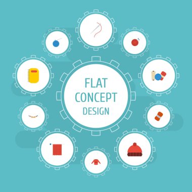 Düz simgeler kazak, defterini, iğne ve diğer vektör öğeleri. Ayrıca yün, takı, el yapımı nesneleri içeren küme el sanatları düz simgeleri simgeleri.