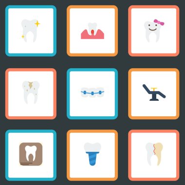 Düz simgeler tedavi, çocuk diş hekimi, implantasyon ve diğer vektör öğeleri. Diş düz simgeler simge kümesi de mobilya, Implant, sağlıklı nesneleri içerir.