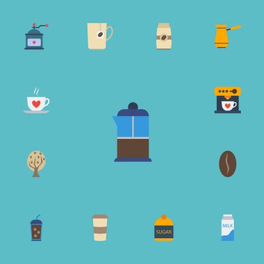 Düz simgeler içecek, kahve makinesi, kağıt kutusu ve diğer vektör öğeleri. Ayrıca şeker, Cezve, kahve nesneleri içeren küme kahve düz simgeleri simgeleri.