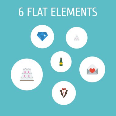 Düz simgeler kartı, gelinlik, parlak ve diğer vektör öğeleri. Nişan düz simgeler simge kümesi de düğün, Fizz, cüppe nesneleri içerir.