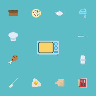 Düz simgeler Chef şapka, Blender, omlet ve diğer vektör öğeleri. Düz simgeleri simgeleri pişirme seti de şapka, su ısıtıcı, pota nesneleri içerir.