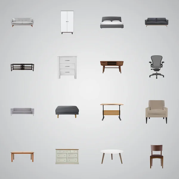 Consola realista, mesa, silla y otros elementos vectoriales. Conjunto de símbolos realistas de diseño también incluye sillón, oficina, objetos cómodos . — Archivo Imágenes Vectoriales