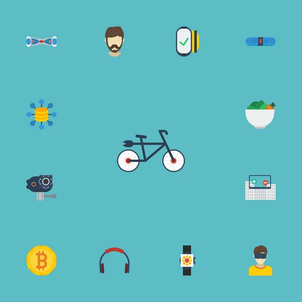 Плоские иконки велосипед, камера, Bluetooth динамик и другие векторные элементы. Набор плоских иконок также включает в себя человеческие, электрические, вегетарианские предметы . — стоковый вектор