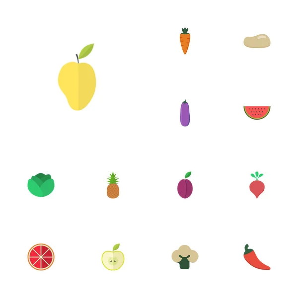Flache Symbole Praties, Mango, Ananas und andere Vektorelemente. Set von Obst flache Symbole Symbole enthält auch tropische, Apfel, Rettich-Objekte. — Stockvektor