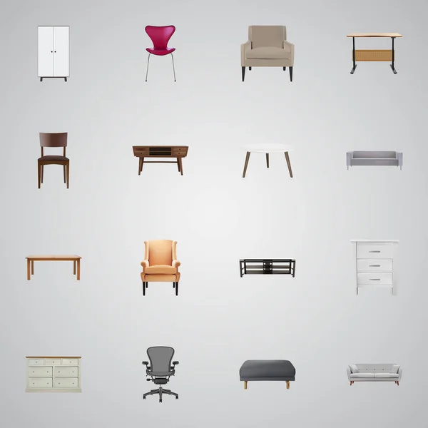 Cómodo realista, armario, silla y otros elementos vectoriales. El sistema de símbolos realistas de los muebles también incluye el armario, el sofá, los objetos del acento . — Archivo Imágenes Vectoriales