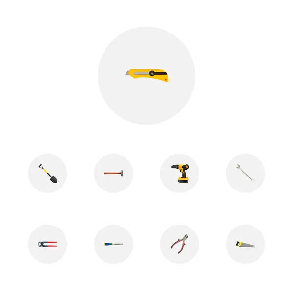 Reális véső, fűrész, kés levélpapír és egyéb vektor. Eszközök reális szimbólumok is tartalmaz kést, ásó, fogó objektumok. — Stock Vector