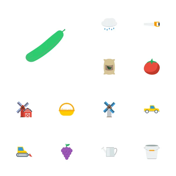 Plat pictogrammen Bulldozer, regen, zak en andere vectorelementen. Set van landbouw plat pictogrammen symbolen bevat ook tassen, ei, tomaat-objecten. — Stockvector