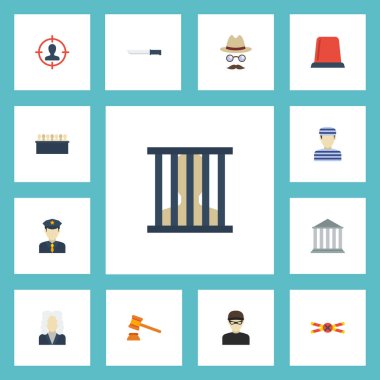 Düz simgeler şerit, uyarı avukat, hırsız ve diğer öğeleri vektör. Suç düz simgeler simge kümesi da Flasher, şüpheli, çekiç nesneleri içerir.