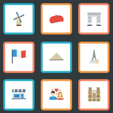Düz simgeler Piramit, Fransızca, kap ve diğer vektör öğeleri. Ülke düz simgeler simge kümesi de Moulin, Cafe, Fransa nesneleri içerir.