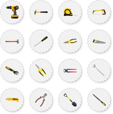 Gerçekçi elektrikli tornavida, Spade, kol-testere ve diğer vektör öğeleri. Aletleri gerçekçi simgeler kümesi de pençe, kesici, marangoz nesneleri içerir.